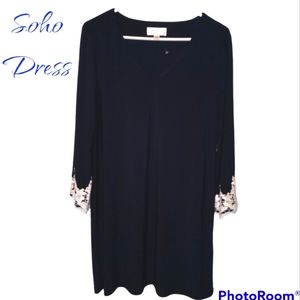 Navy Blue SOHO Dress, with battenburg lace bell sleeves. PL 12/14
